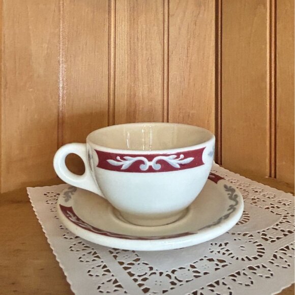 Vintage Syracuse China Teacup & Saucer Set Embassy Burgundy Gray Swirl Restauran - Picture 3 of 8